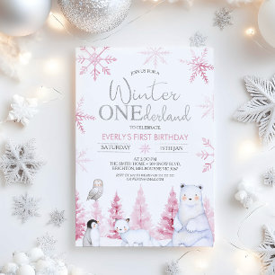 Convites Animais de Inverno Rosa Prata Onederland Aniversár