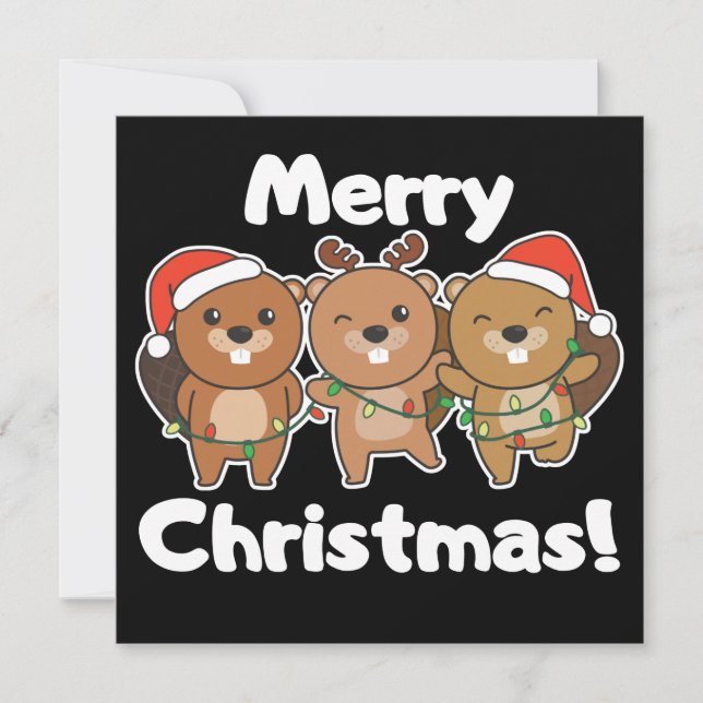 Convites Animais de Natal Castor Castores Feliz Natal Eu (Frente)
