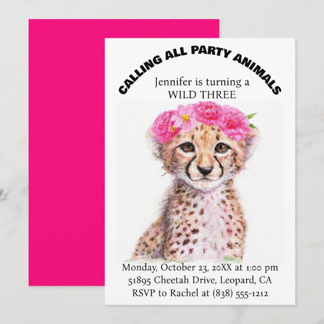 Convites Animais de Safari da Selva para Meninas Bebê Chita (Frente/Verso)