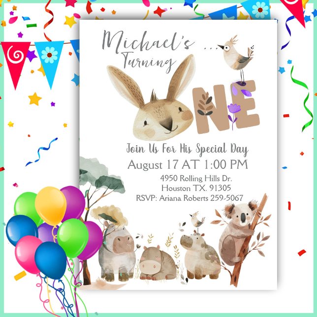 Convites Animais de Safari em Aquarela para Primeiro Aniver (Criador carregado)