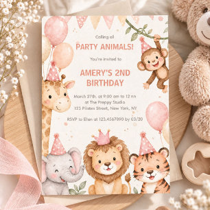 Convites Animais de Safari em Aquarela Rosa Neutro Aniversá