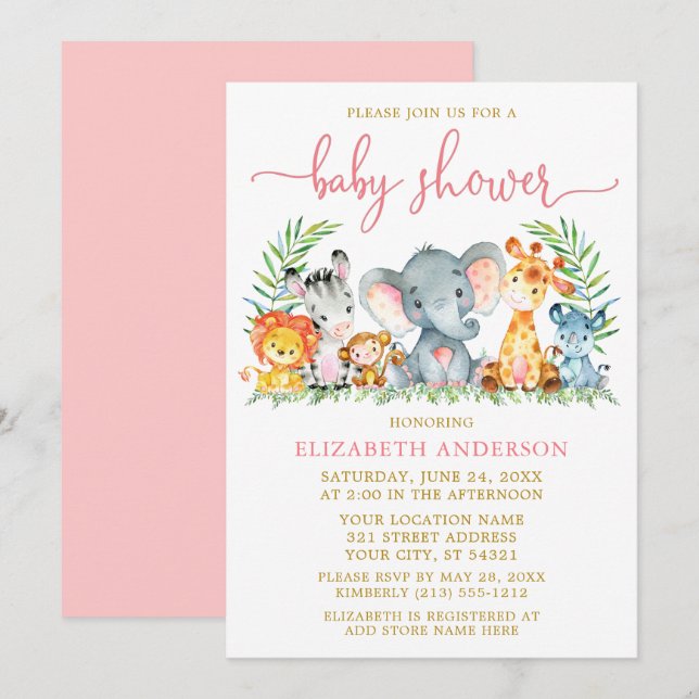 Convites Animais de Safari em Aquarela, Texto em Dourado pa (Frente/Verso)