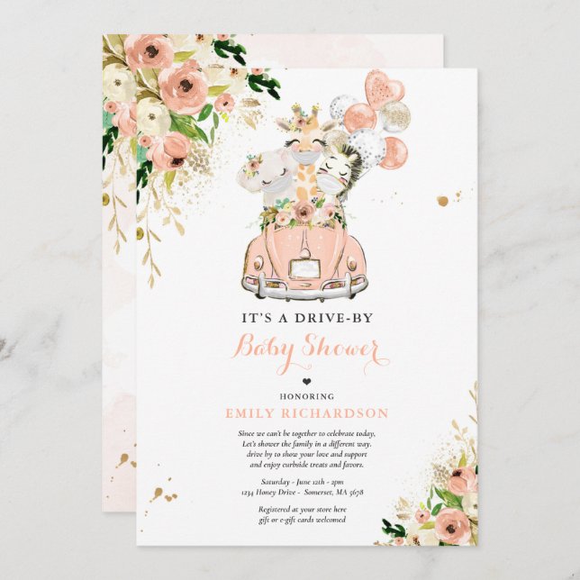 Convites Animais De Safari Floral De Pêssego Conduzem Por C (Frente/Verso)