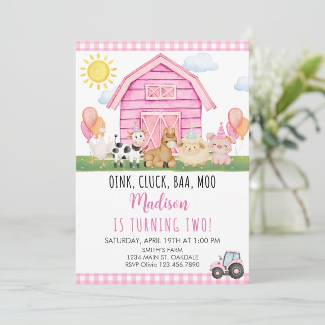 Convites Animais do Celeiro Rosa com Chapéus de Festa Anive (Em pé/Frente)