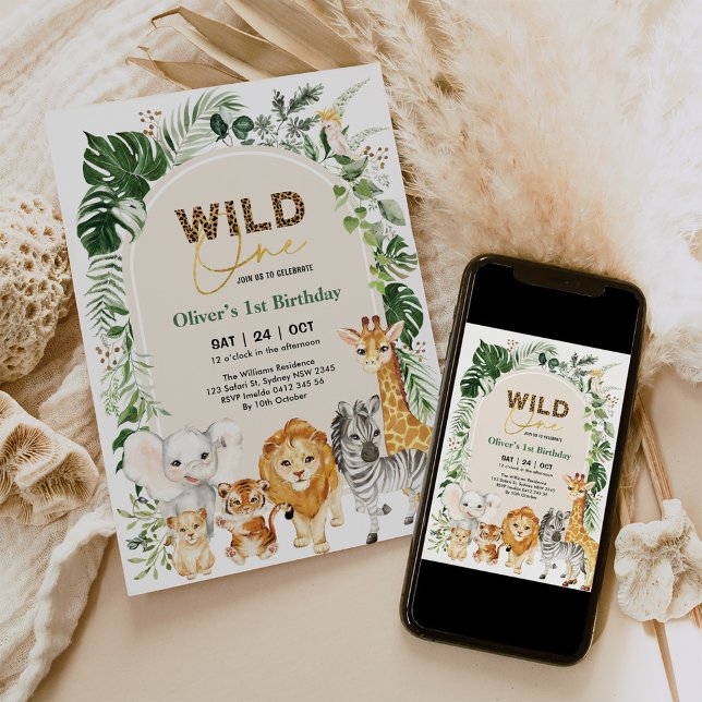 Convites Animais do Partido Safari Tropical Selvagens Um An (Criador carregado)
