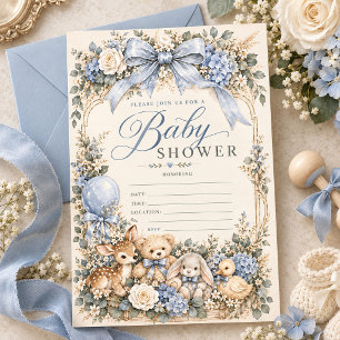 Convites Animais Florais da Floresta Azul Vintage Bebê Hera