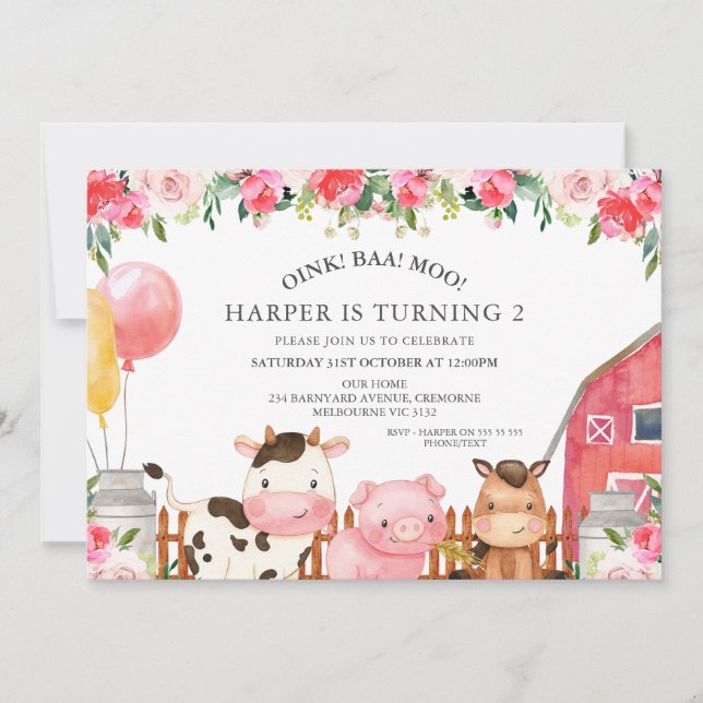 Convites Animais Florais Quentes, Rosa, Balões, Aniversário (Frente)