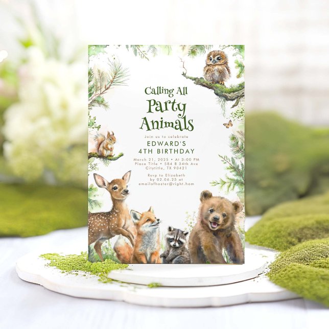 Convites Animais florestais e Aniversário de criança verde (Calling All Party Animals - Cute and Fun Woodland Animals Themed Birthday Invitations)
