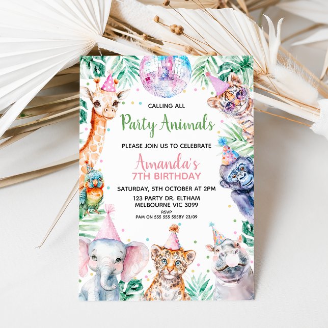 Convites Animais Fluorescentes do Grupo Chamador Safari Ani (Girls Calling All Party Animals Safari Birthday Invitation Template, Editable Safari Birthday Invite)