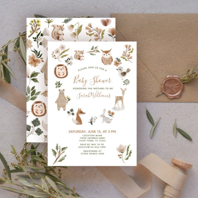 Convites Animais Fofos da Floresta Script Boho Chá de Bebê  (Criador carregado)