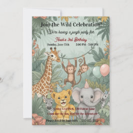 Convites Animais Fofos de Safari na Selva Aniversário de 3