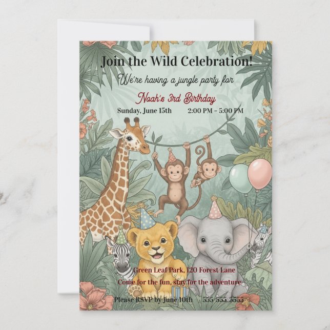 Convites Animais Fofos de Safari na Selva Aniversário de 3  (Frente)
