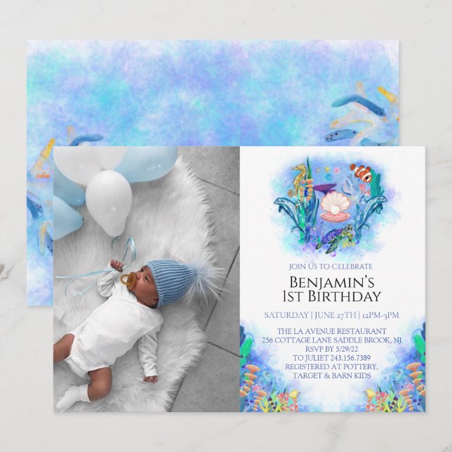 Convites Animais Marinhos do Oceano 1º Aniversário  (Frente/Verso)