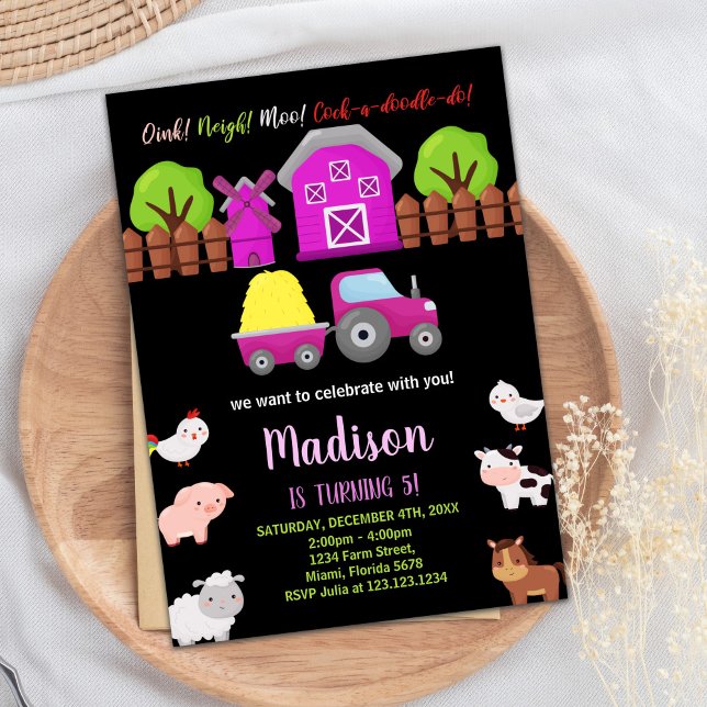 Convites Animais Pretos de Criação de Animais Vermelhos Ros (Pink Black Green Farm Animals Birthday Invitations)