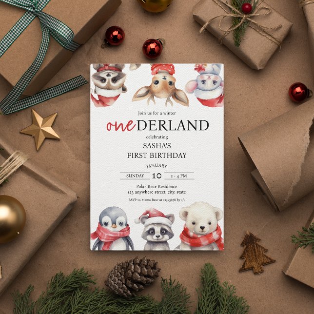 Convites Animais primeiros aniversarios da Holanda do inver (Winter Onederland 1st birthday Christmas Invitation Polar Animals)