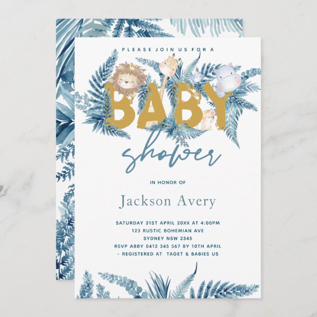 Convites Animais Safari Chá de fraldas Exótico (Frente/Verso)