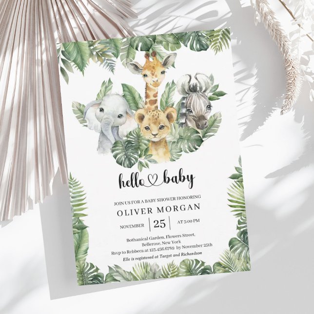 Convites Animais Safari - Chá de fraldas tropical (Safari animals Tropical greenery Boy Baby Shower Invitation)