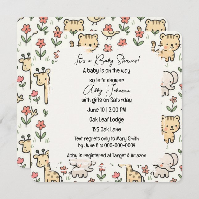 Convites Animais Safari chás de fraldas Com Flores (Frente/Verso)