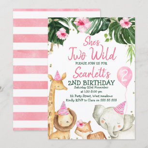 Convites Animais Safari de Menina Ela é Dois Aniversário 
