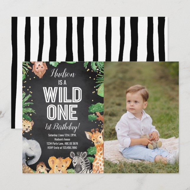 Convites Animais Safari Selvagens Uma Foto Negra De Anivers (Frente/Verso)