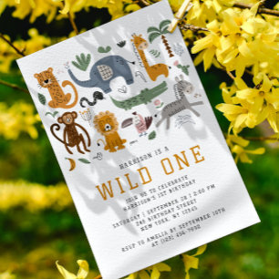 Convites Animais Safari Wild One Aniversário de 1 ano QR