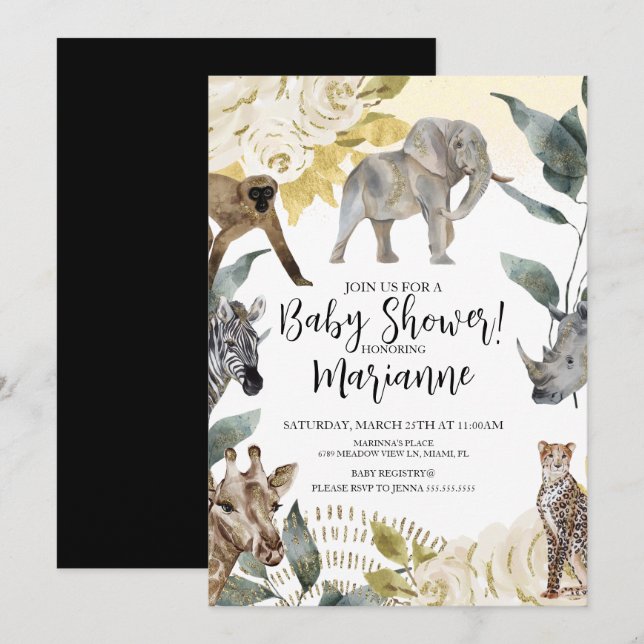 Convites Animais Selvagens Chuvinha de Bebê Faux Dourado Br (Frente/Verso)