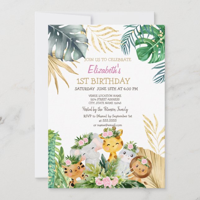 Convites Animais Selvagens Flores da Selva Tropicais 1º (Frente)