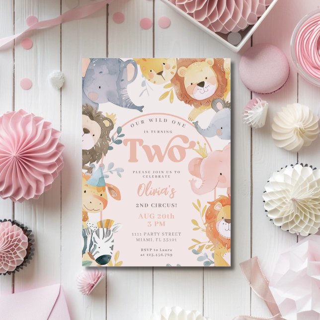 Convites Animais Selvagens Rosa Duas Raparigas Foto Anivers (Criador carregado)