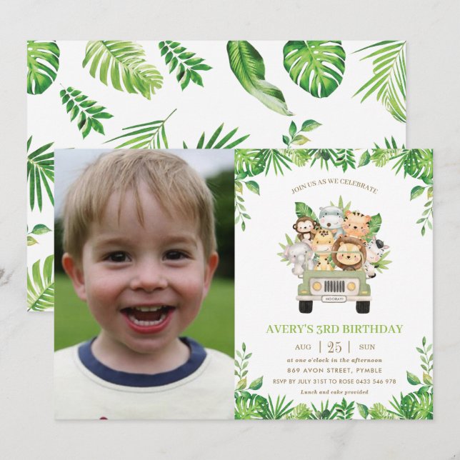 Convites Animais Selvagens Safari Car Greenere Foto de Aniv (Frente/Verso)