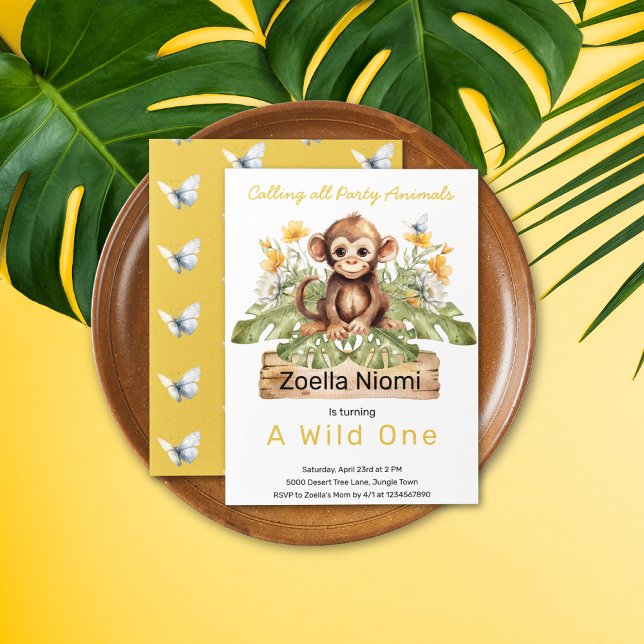 Convites Animais Selvagens Selvagens primeiros aniversarios (Safari Jungle Watercolor Monkey Yellow White Flowers Greenery Butterfly Pattern Birthday Invitation)