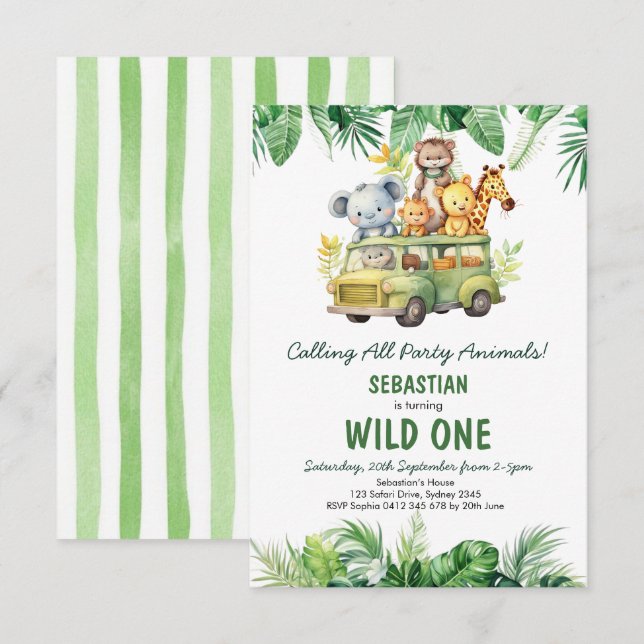 Convites Animais Selvagens Selvagens Tropicais Safari Um An (Frente/Verso)