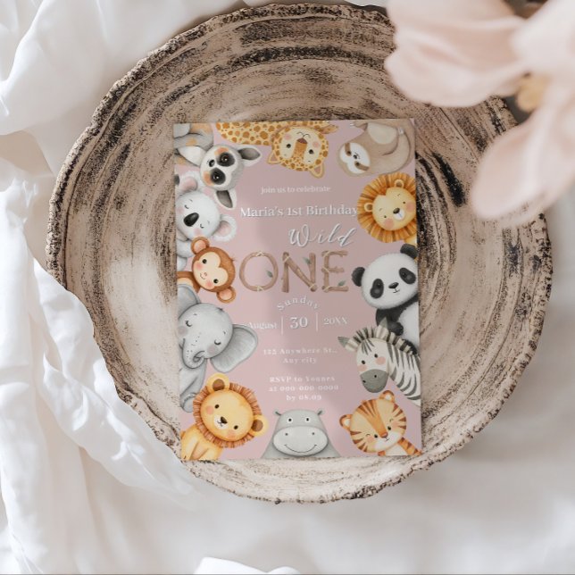 Convites Animais Selvagens Tropicais Rosa Um Safari Selvage (Criador carregado)