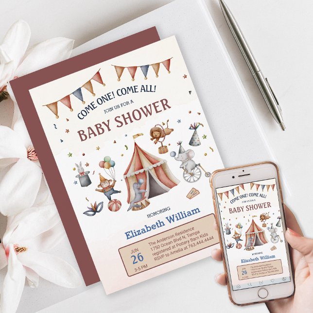 Convites Animais Whimsic Chá de fraldas de Circus (Whimsical Animal Circus Party Baby Shower Invitation)