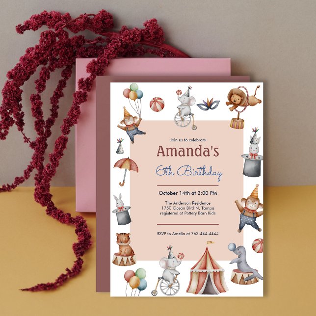 Convites Animais Whimsic Festa de Aniversário de criança de (Whimsical Animals Circus Birthday Party Invitation)