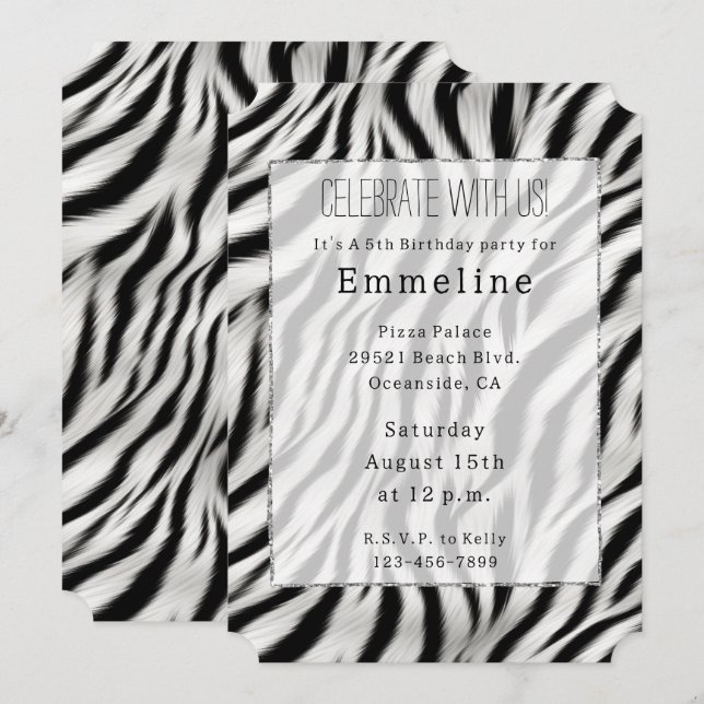 Convites Animal com Estampa de Zebra Preto e Branco (Frente/Verso)