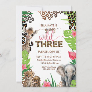 Convites Animal Safari Terceiro Aniversário Jovem Selvagem