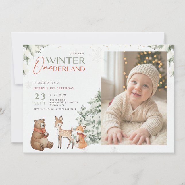 Convites Animal Winter Onederland Kid Photo 1st Birthday (Frente)