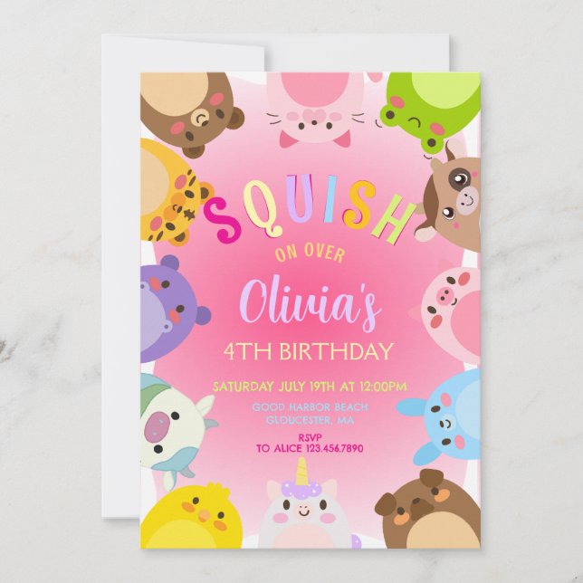 Convites Animals Squish Girl Birthday party (Frente)