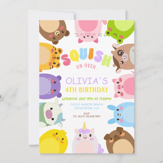 Convites Animals Squish On Over rainbow  Birthday party (Frente)
