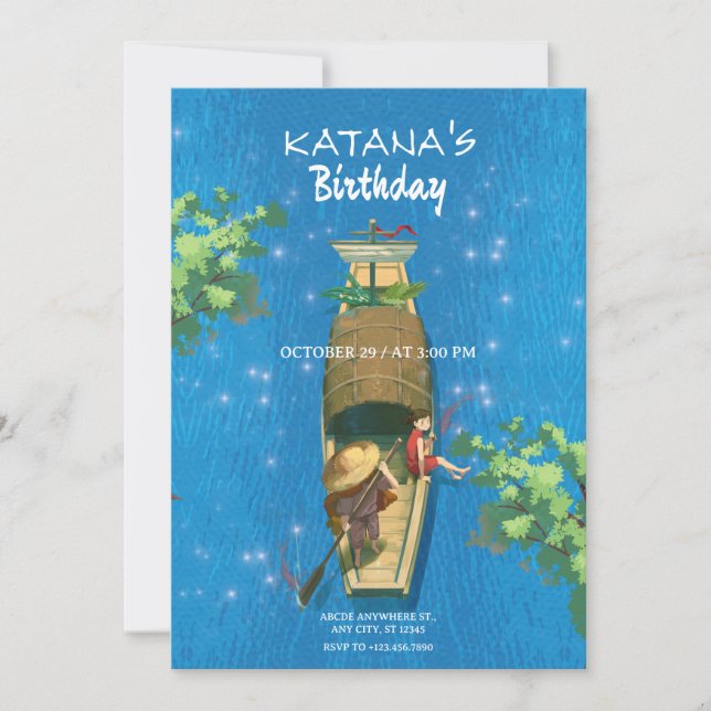 Convites Anime de barco aventura de verão água azul (Frente)