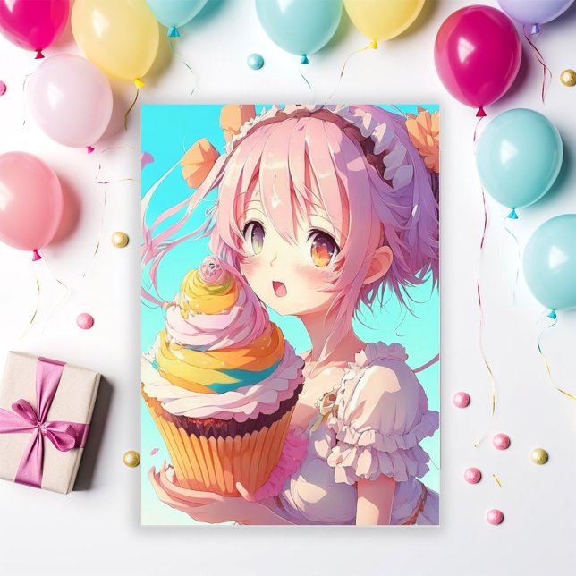 Convites Anime Girl com Festa de aniversário Cupcake (Criador carregado)