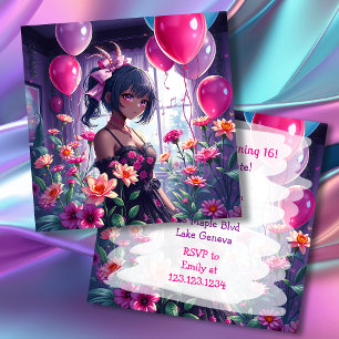 Convites Anime Girl of Color Floral Birthday