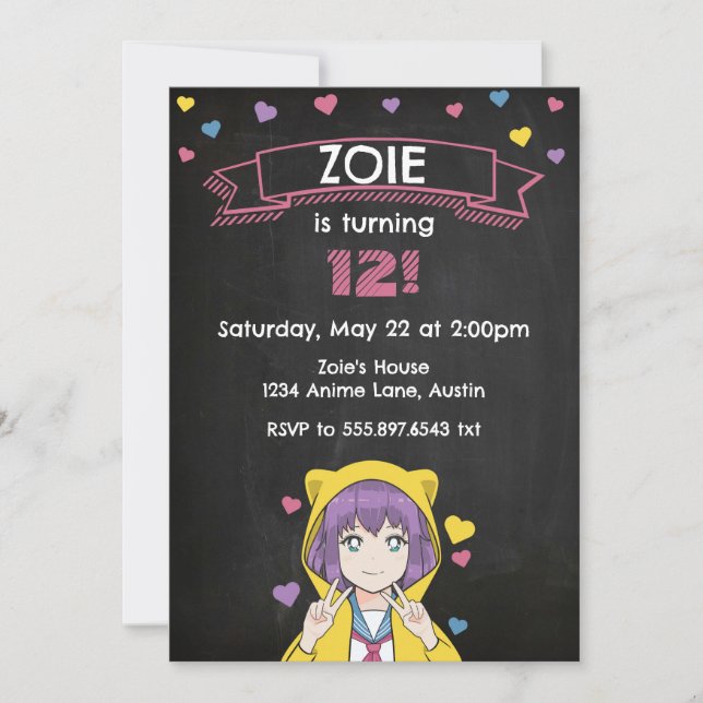 Convites Anime Girl Peace Hearts Birthday (Frente)