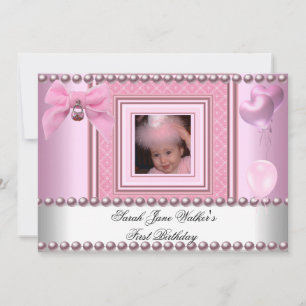 Convites Aniversariante de 1 ano Menina Rosa Pérola Branca 