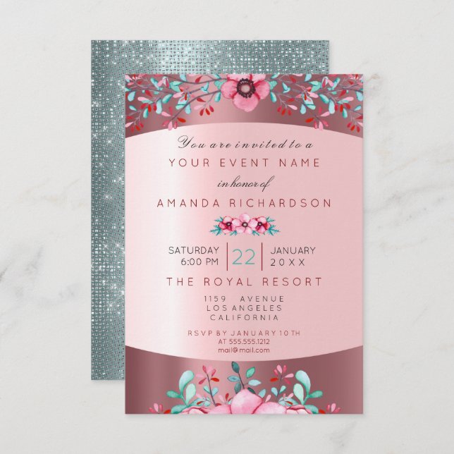 Convites Aniversário 16º Bridal Floral Rosa-Rosa-Rosa Aqua  (Frente/Verso)