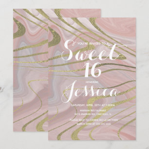 Convites Aniversário 16 anos  Quince Marble Faux Dourado L