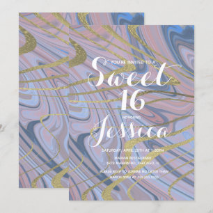 Convites Aniversário 16 anos  Rosa Azul Líquido de Marble