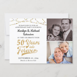 Convites Aniversário 50 ANOS PARA O FUTURO Dourado Retro