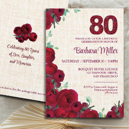 Convites Aniversário 80 - Linen Vermelho de Peões 80 Anos