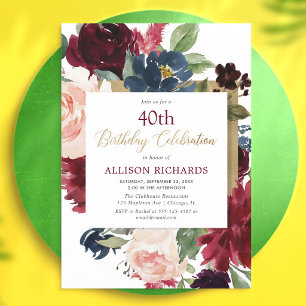 Convites Aniversário Adulto Floral Dourado Rosa Borgonha